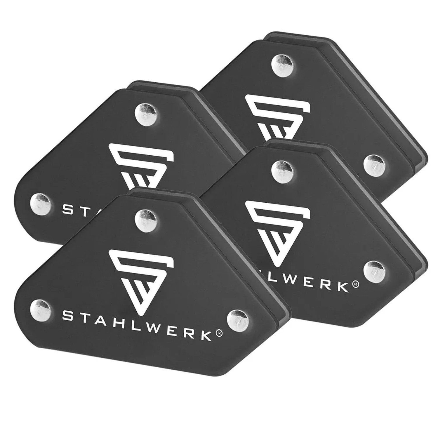 STAHLWERK Schweißwinkel 4er Set: Vier schwarze Magnetwinkel mit Logo, ideal für präzises Positionieren von Werkstücken bei Schweißarbeiten.