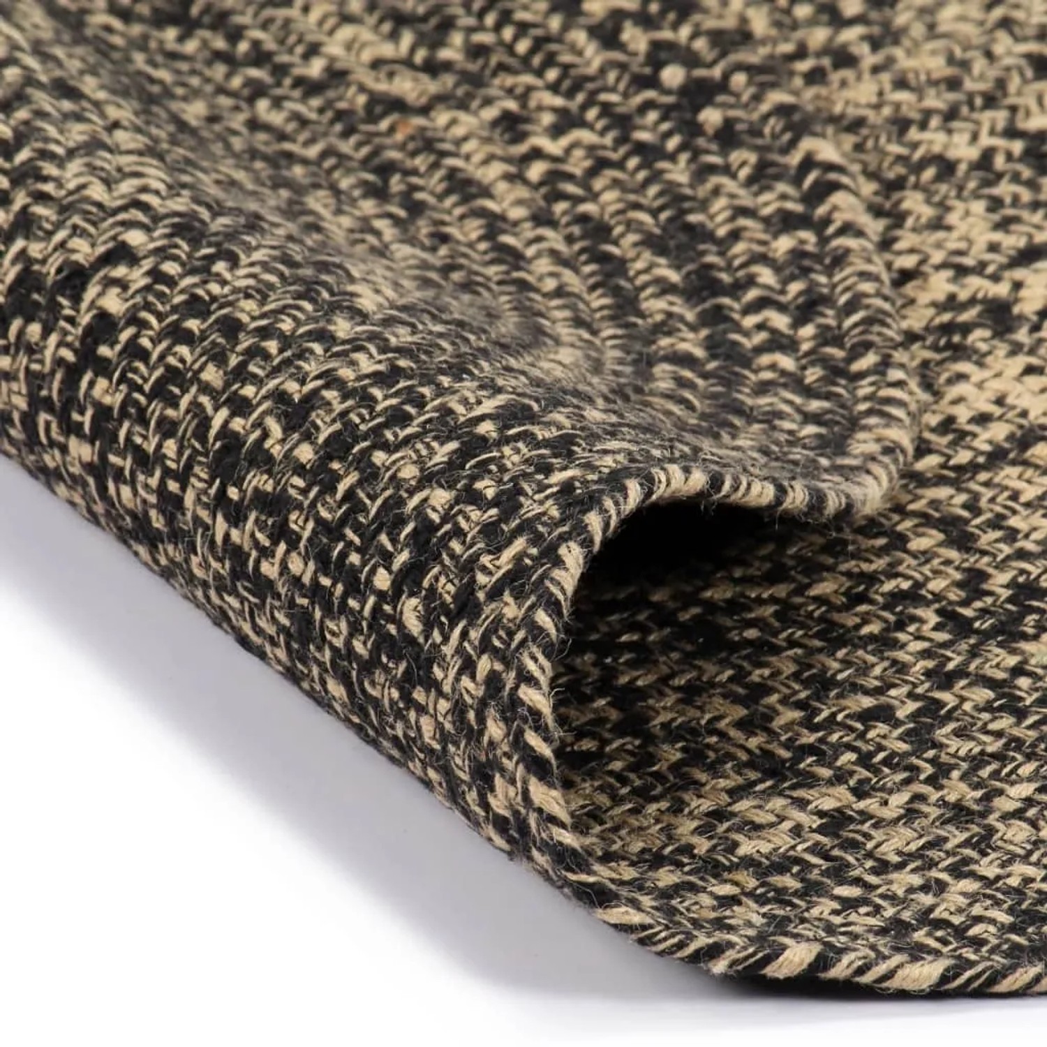 Handgefertigter, runder Jute Teppich in Schwarz und Braun, 210 cm Durchmesser.
