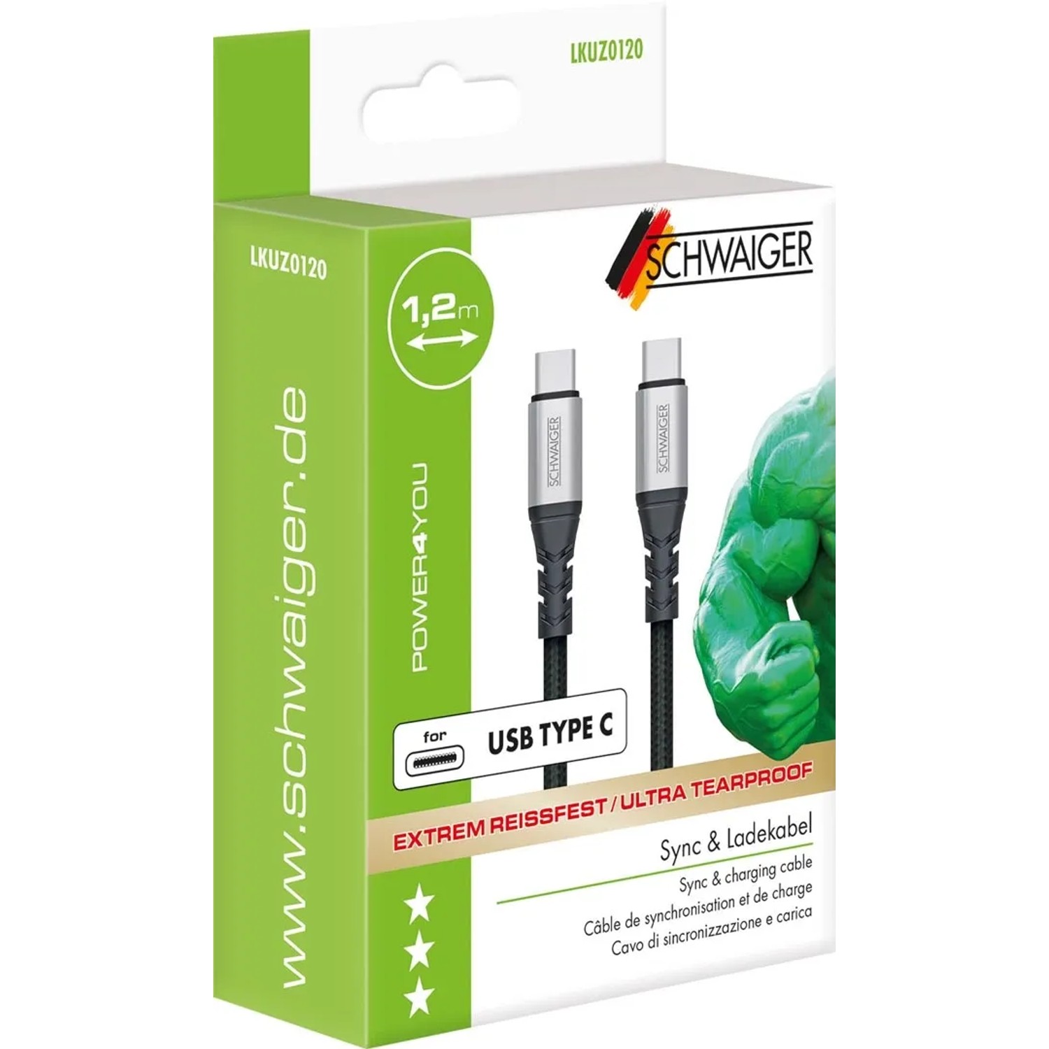Schwaiger USB-C Ladekabel, 1,2m, Schwarz, unzerstörbar. Zum Synchronisieren und Laden von Geräten.