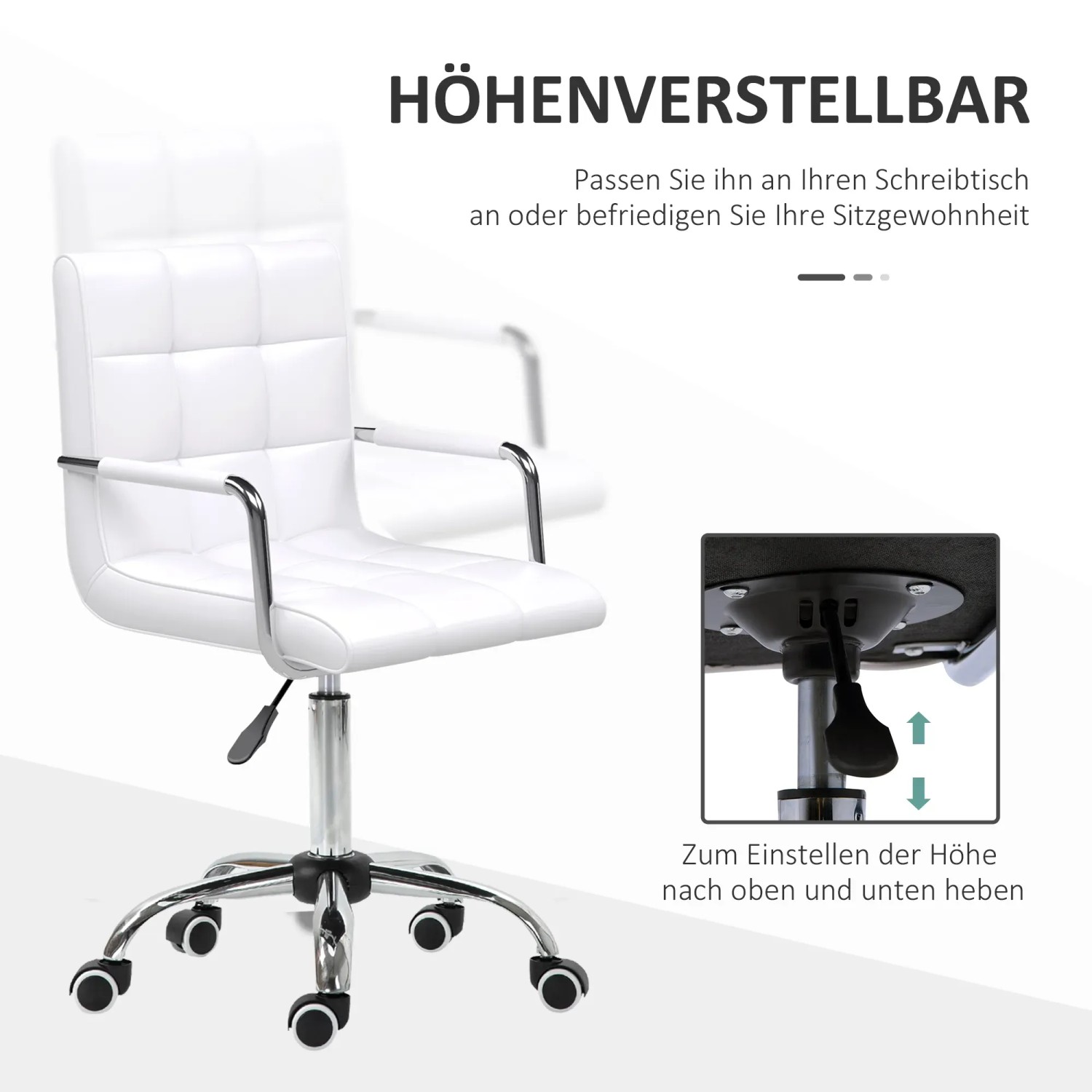 HOMCOM Bürostuhl, weißes Kunstleder, höhenverstellbar, mit Rollen.