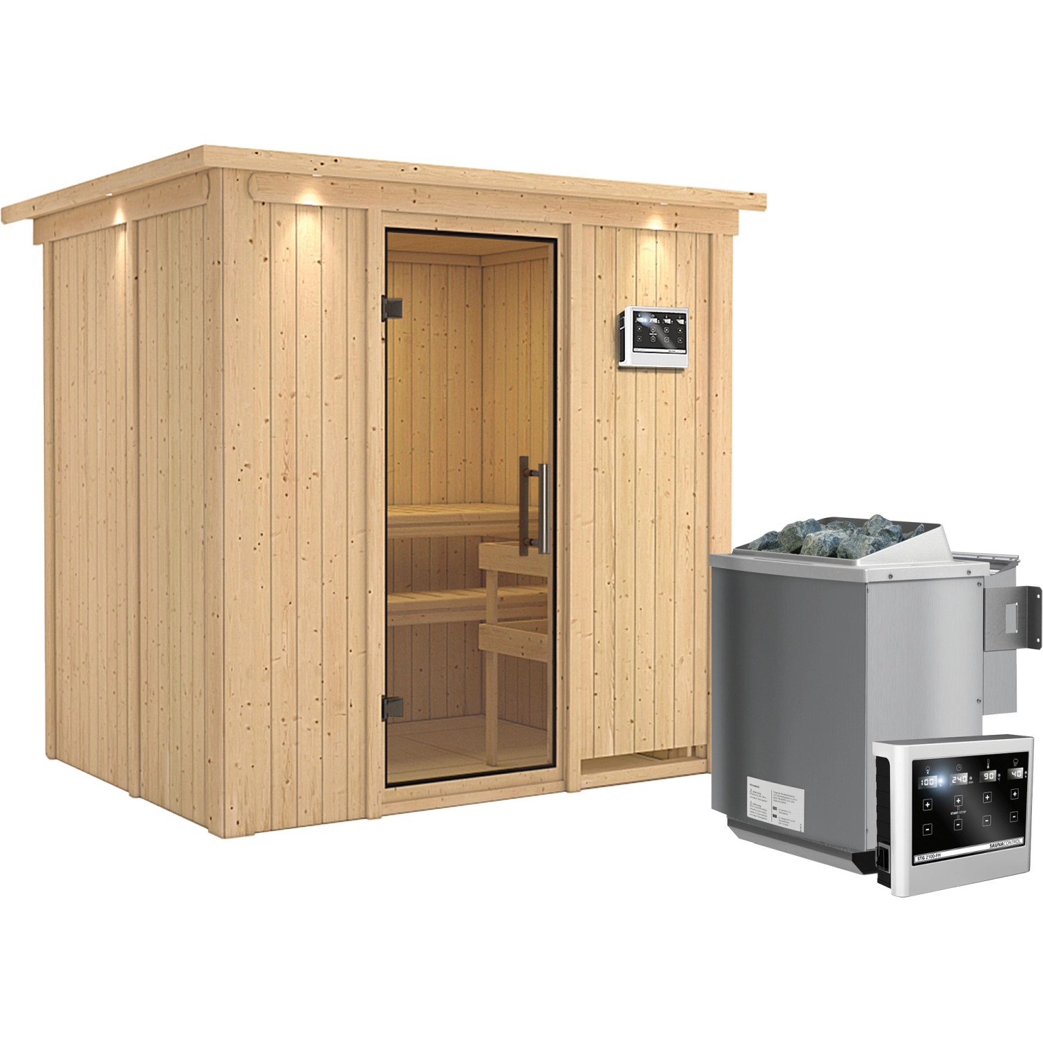 Karibu Sauna Bjarne, Bio-Ofen, externe Steuerung Easy, Glastür, LED-Dachkranz