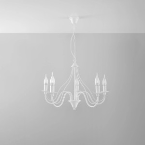 Weißer Sollux Lighting Kronleuchter Minerwa 5 mit Kerzenoptik für Wohnräume.