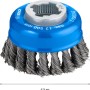 Bosch X-Lock Topfbürste Heavy for Metal, blau, mit gezopften Drahtborsten, Ø 75 mm, für Winkelschleifer.