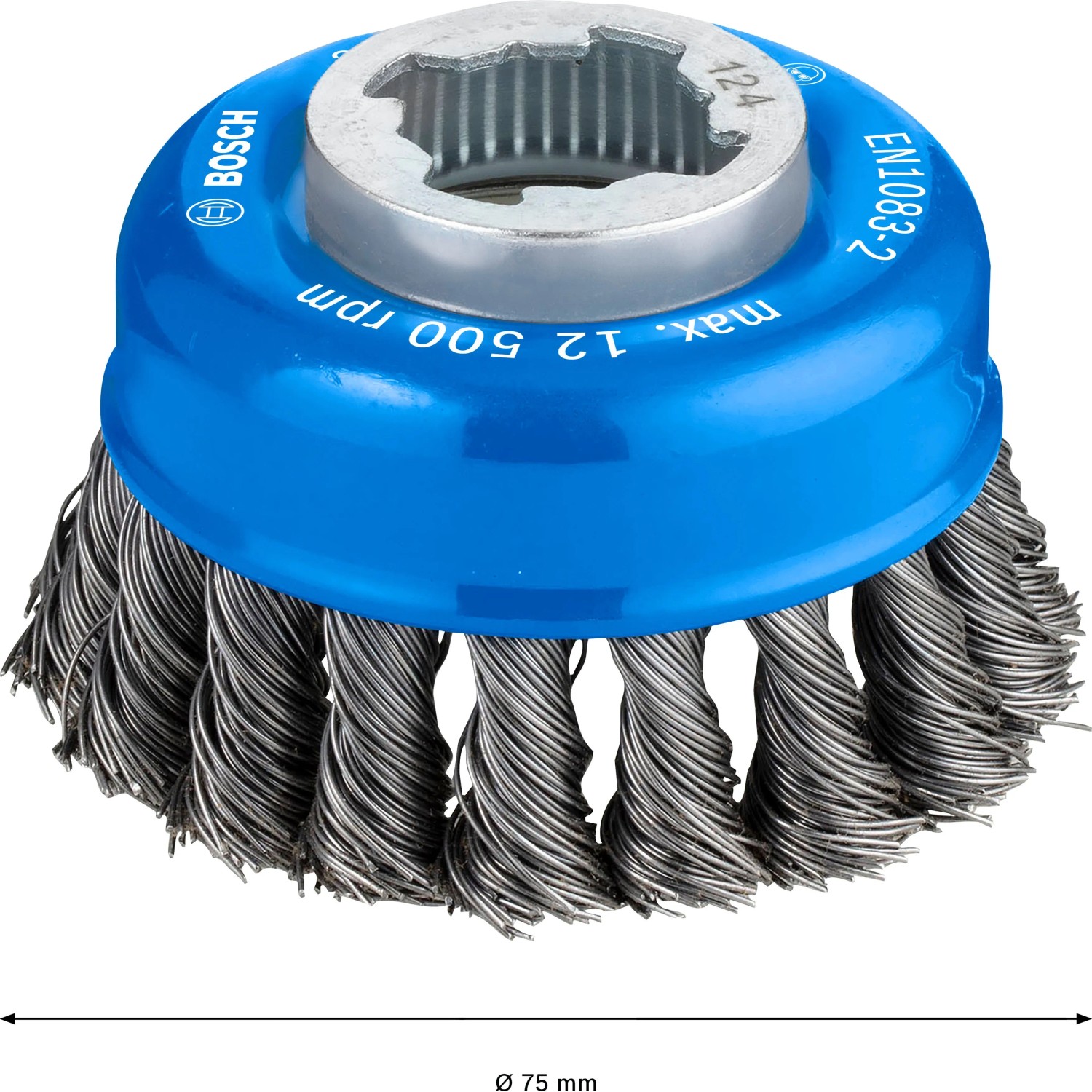 Bosch X-Lock Topfbürste Heavy for Metal, blau, mit gezopften Drahtborsten, Ø 75 mm, für Winkelschleifer.
