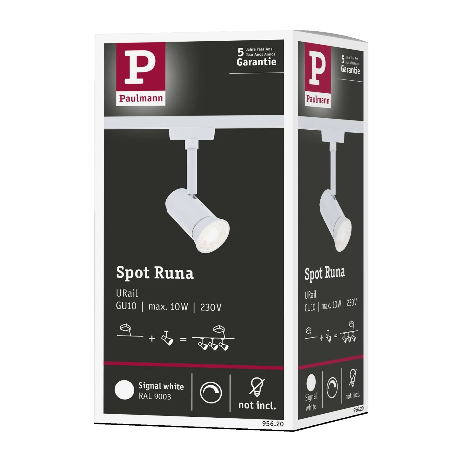 Verpackung des Paulmann Schienenspots Runa URail in Signalweiß, Durchmesser 3,5 cm.