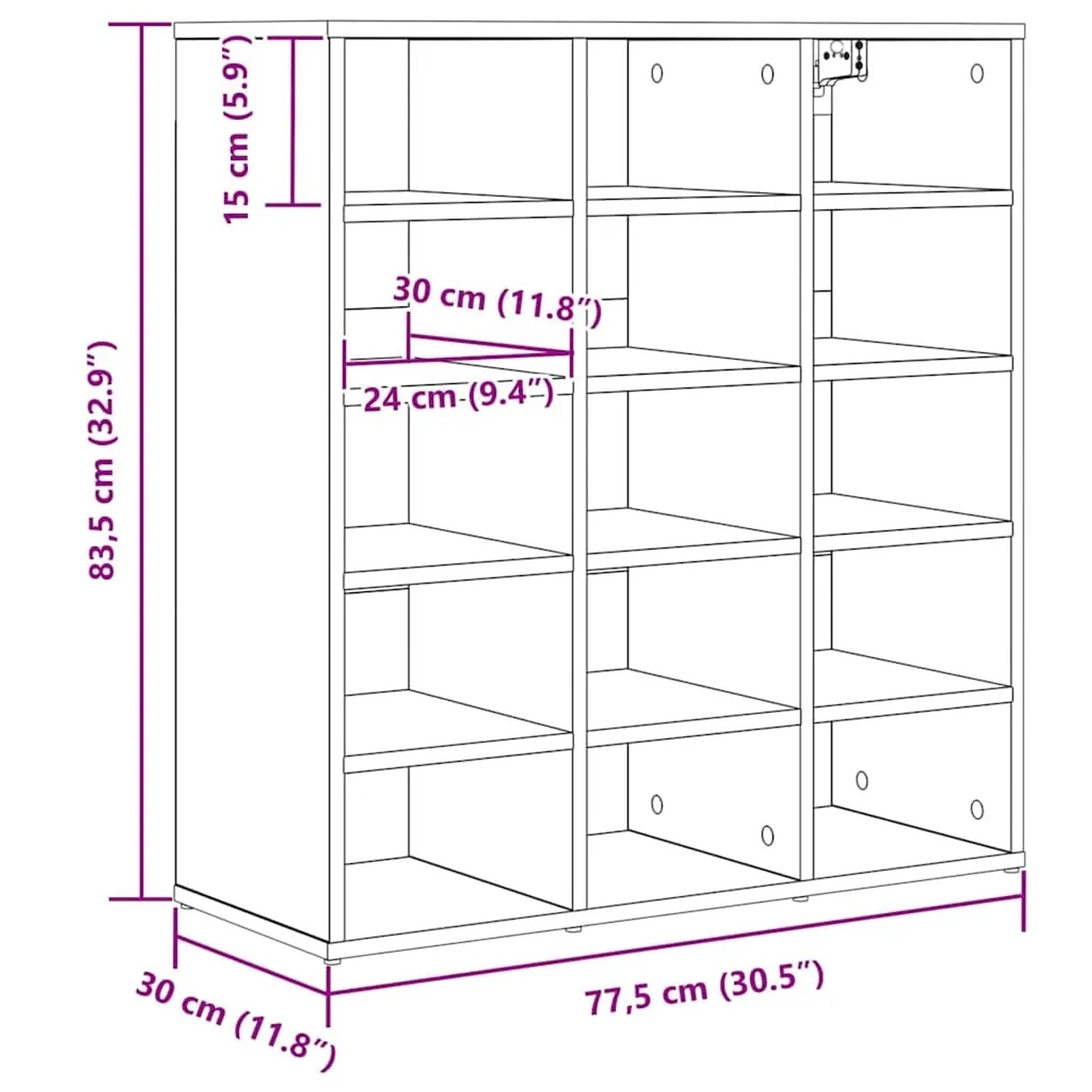 Weißer vidaXL Schuhschrank aus Holzwerkstoff, 77,5x30x83,5 cm, mit 15 Fächern für Schuhe.