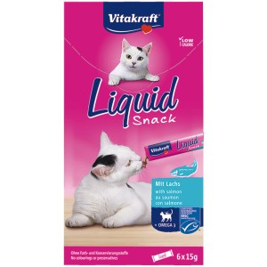 Vitakraft LiquidSnack Lachs, 6 Stück. Cremiger Katzen Snack mit Lachs und Omega-3 für Fell & Haut.