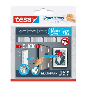 Tesa Powerstrips Click Combo, 6x2 M und 8x2 L, für Klebenägel zur einfachen Wandmontage.