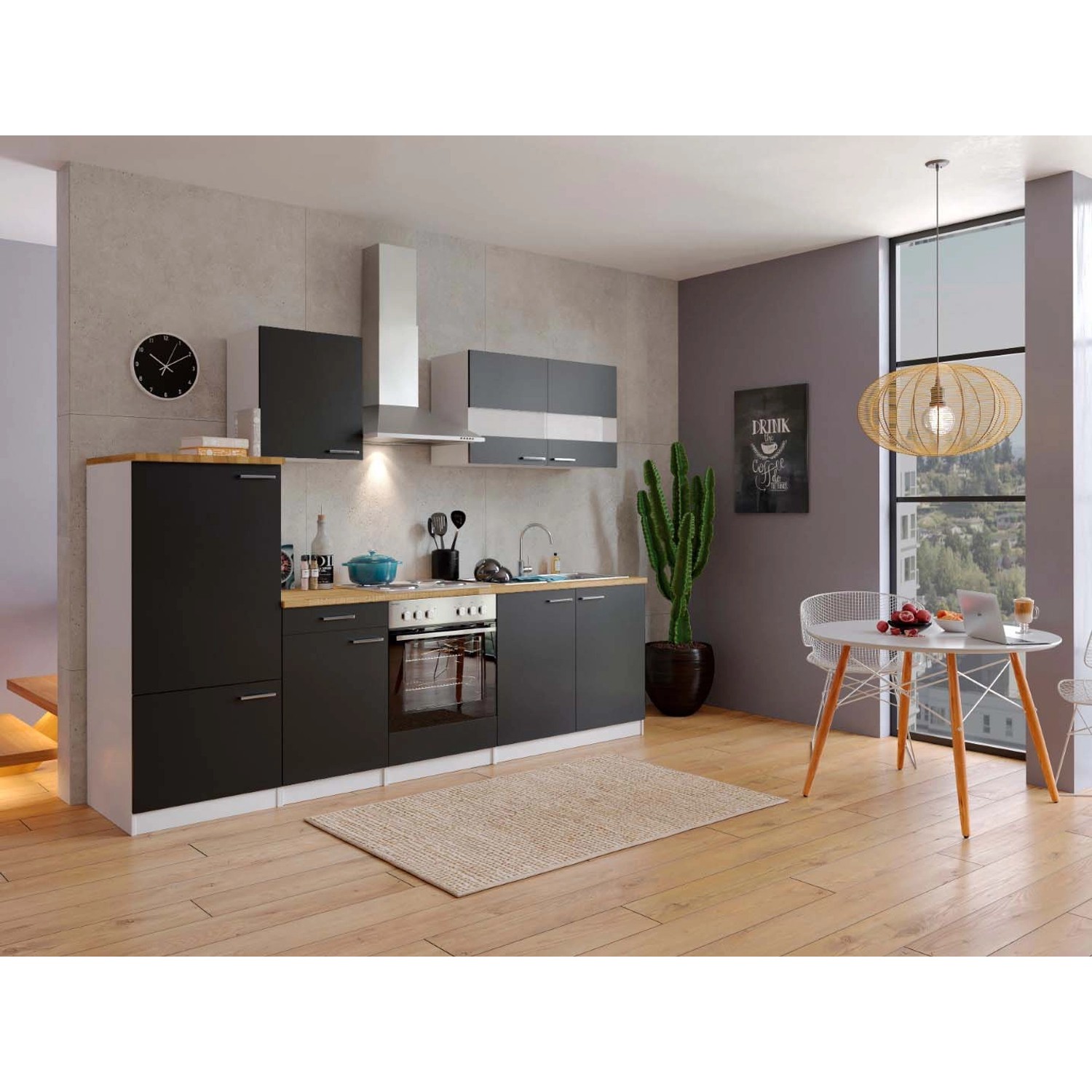 Respekta Küchenzeile/Küchenblock ohne E-Geräte 270 cm Schwarz-Weiß