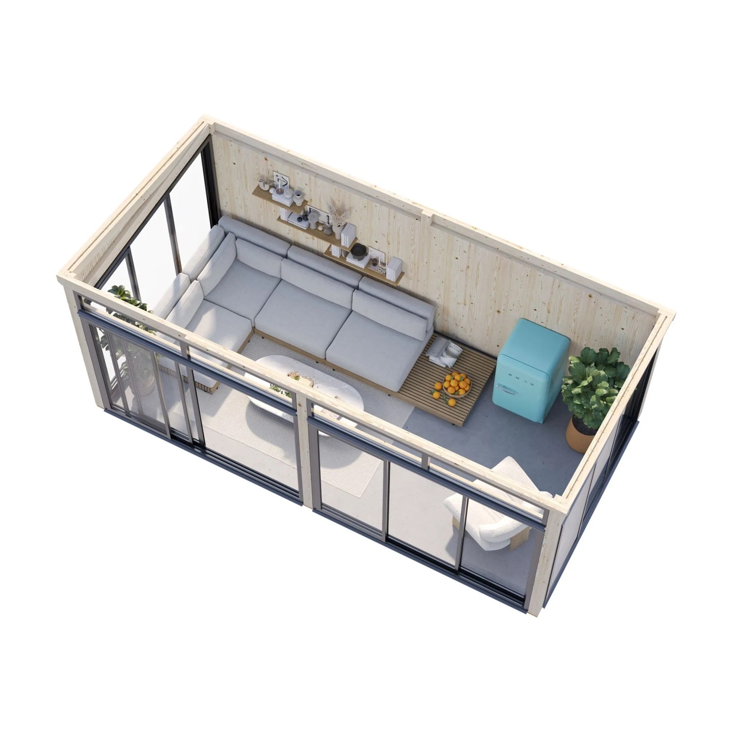 Modernes, weiß lackiertes Palmako Holz-Gartenhaus mit Pultdach, eingerichtet mit Sofa und Möbeln.
