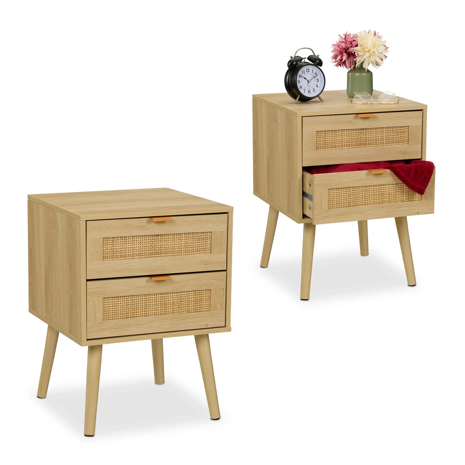 Relaxdays Nachttisch Faserplatte Kiefernholz Aluminium Natur Mit 2 Schubladen 55 cm x 40 cm x 41,5 cm 8,9 kg
