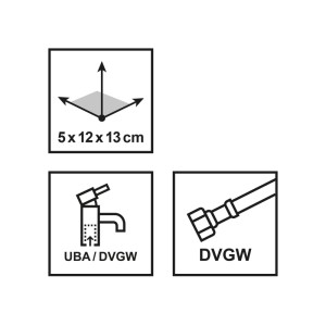Technische Zeichnungen der Einhebel-Waschtischarmatur Tirso: Maße, UBA/DVGW- und DVGW-Zertifizierung.
