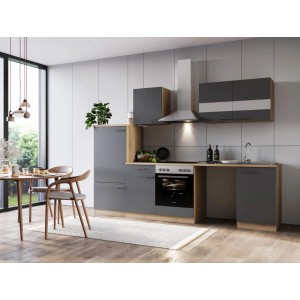 Respekta Küchenblock Merle 280 cm in Eiche Grau mit Waschmaschinen-Nische.