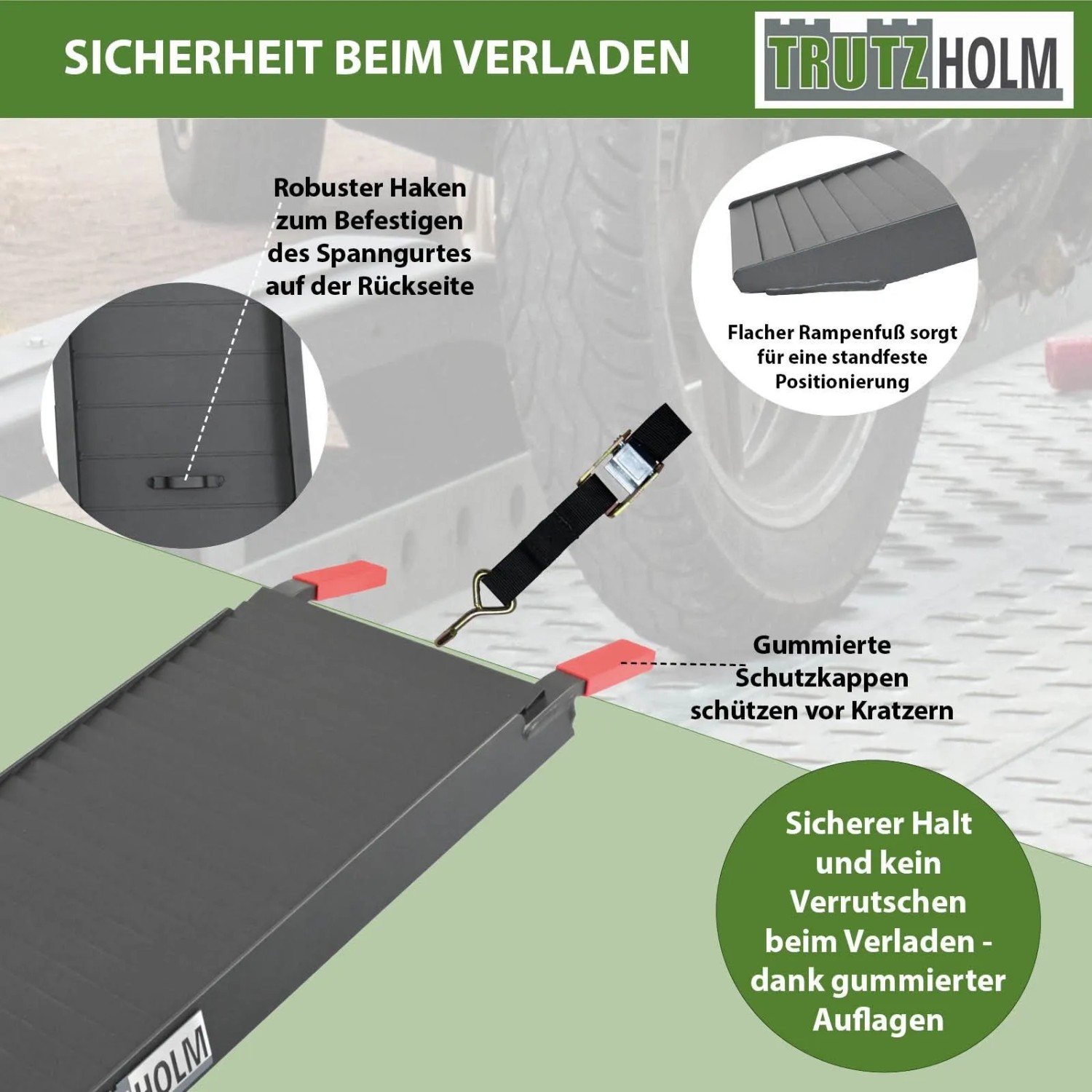 TRUTZHOLM Auffahrrampe, 205 cm, mit rutschfester Oberfläche und Spanngurt zur Ladungssicherung.