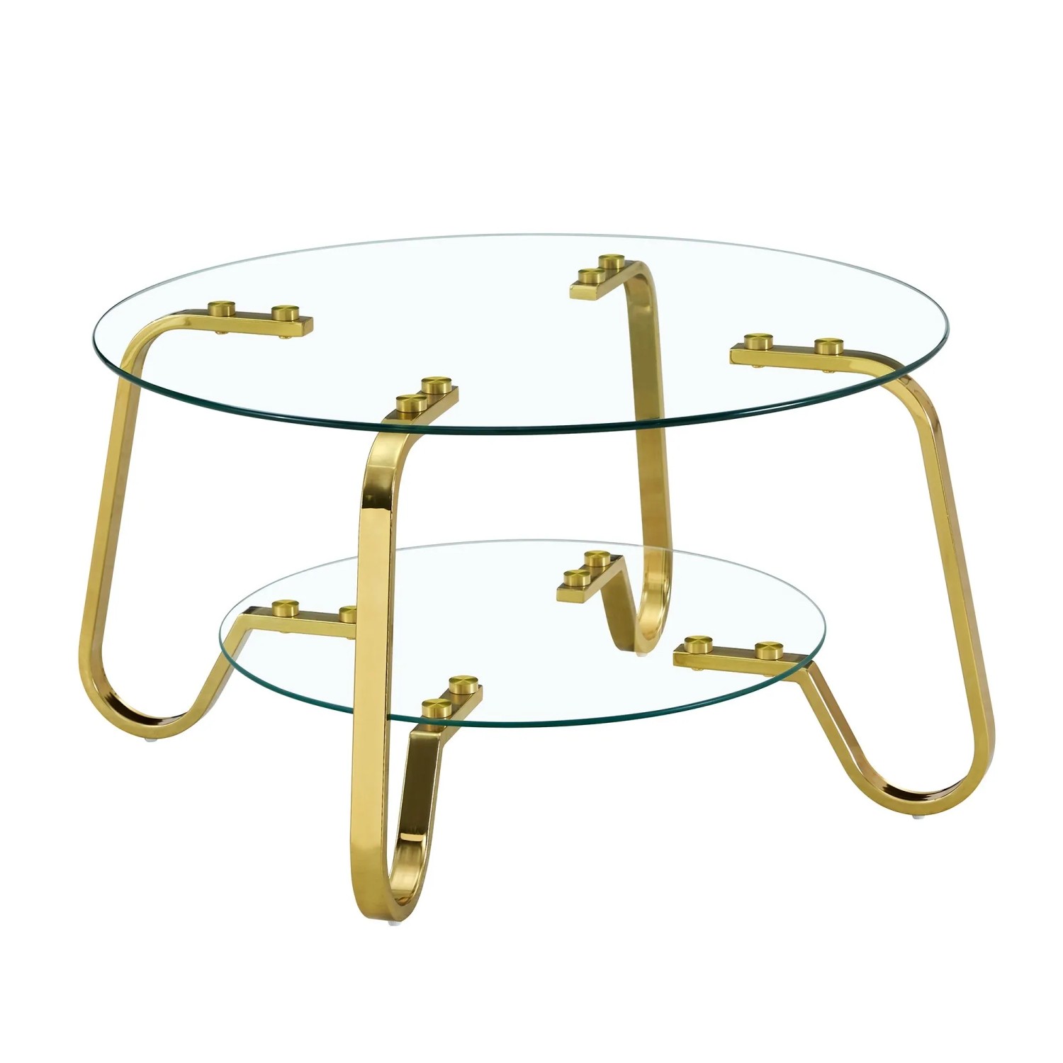 okwish Couchtisch mit Metallrahmen Glas Wohnzimmer Doppelschicht 80x80x45cm Goldfarben