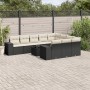 Schwarze 11-tlg. vidaXL Garten-Sofagarnitur aus Rattan mit cremefarbenen Kissen.