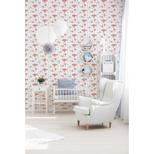 Bunte Vliestapete mit Tiermotiven im Kinderzimmer. Dekorative Tapete mit Flugzeugen und Luftballons.
