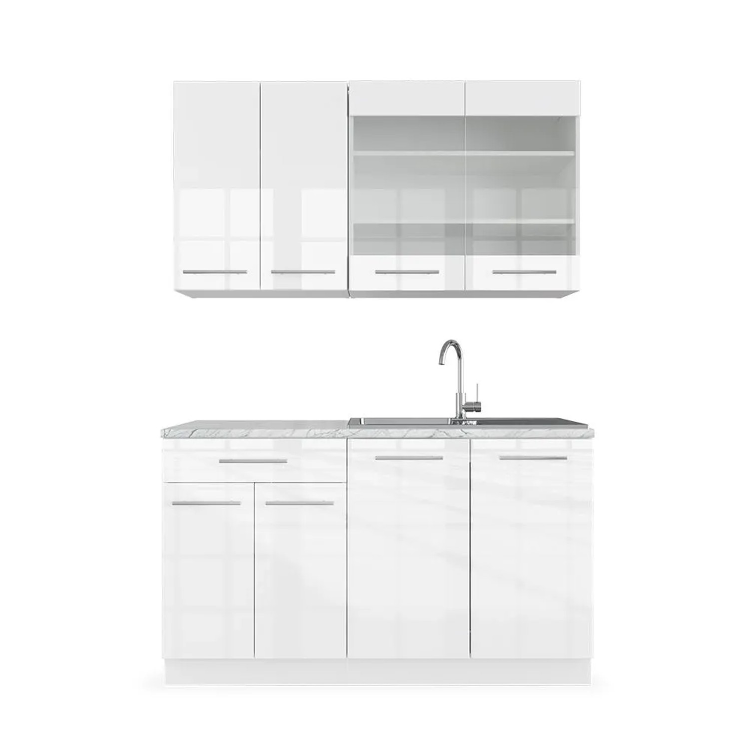 Vicco Fame-Line Singleküche Weiß Hochglanz Weiß 140 cm AP Marmor ohne E-Geräte