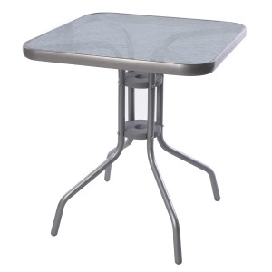 Quadratischer, silberfarbener Bistrotisch mit Glasplatte für Balkon oder Garten.