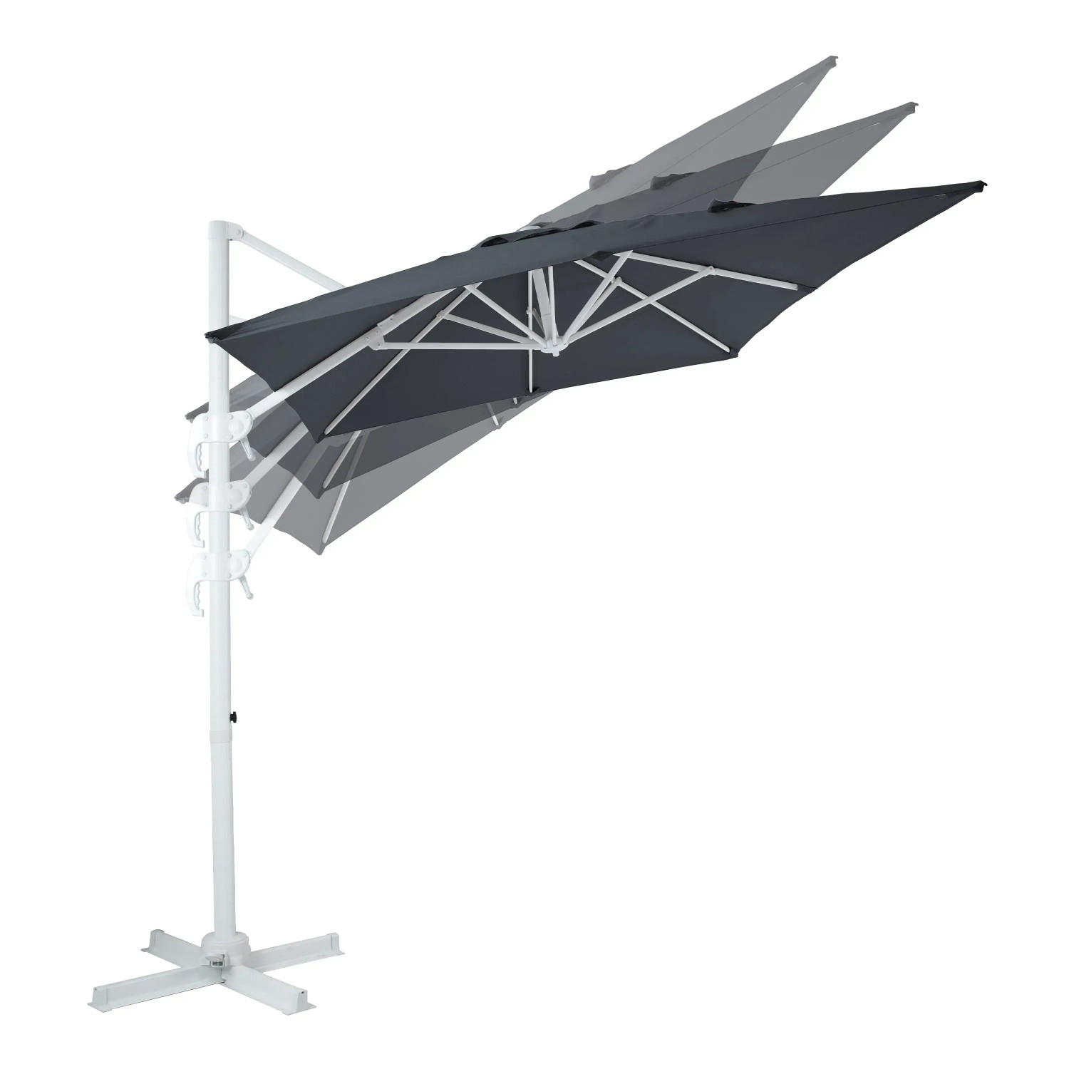 Grauer AXI Ampelschirm 300x200 cm mit Handöffner, verschiedene Neigungswinkel dargestellt.