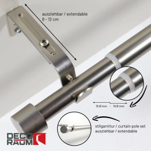 Deco-Raum Gardinenstangen Set Ausziehbar 1-Lauf Kappe Flexa Ø 16/19 mm 160-300cm Edelstahl-optik