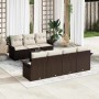 Braunes 8-teiliges vidaXL Garten-Sofa-Set aus Poly Rattan mit Tisch und beigen Kissen.