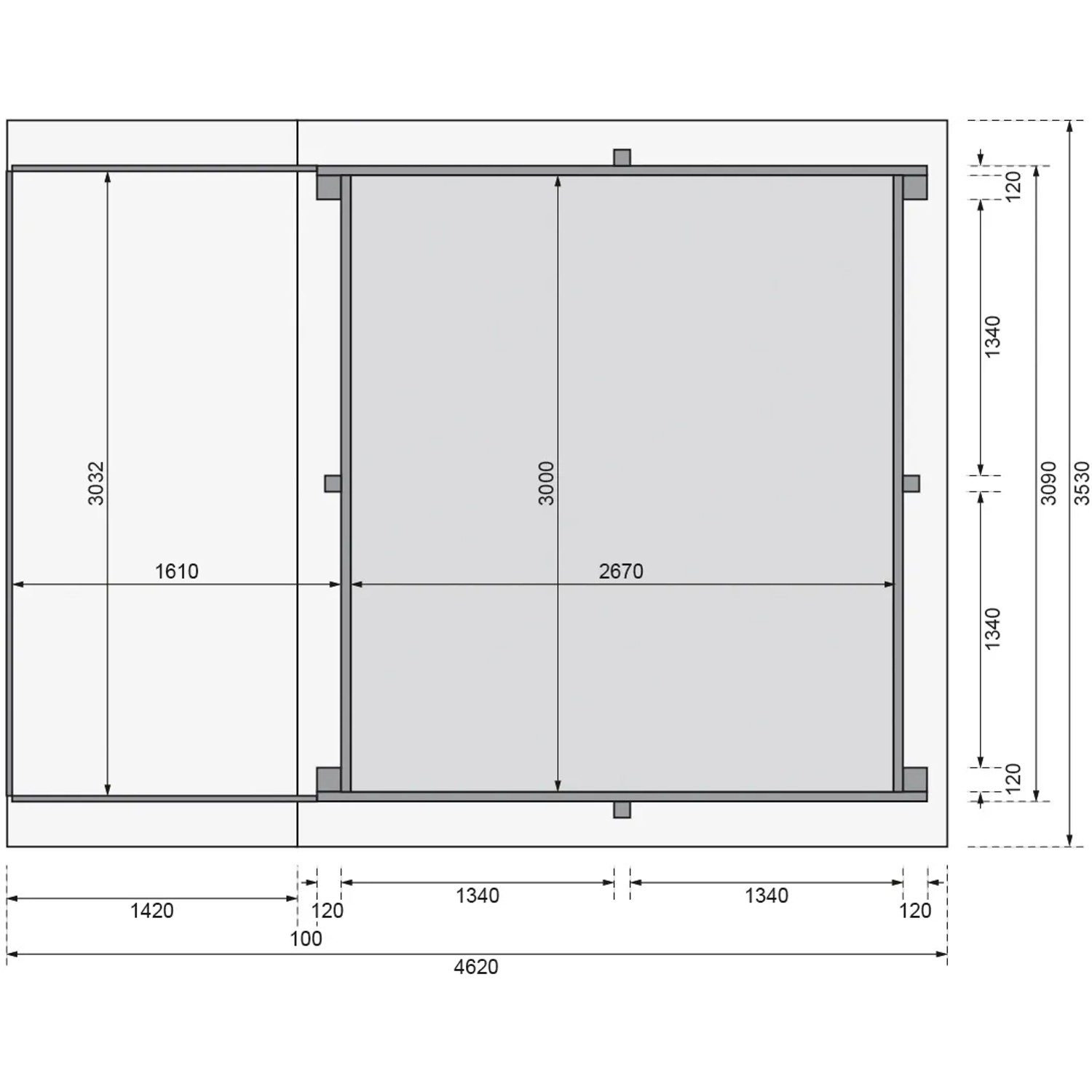 Draufsicht Karibu Pool 1 mit Sonnenterrasse, Maße und Details.