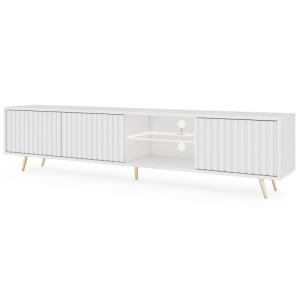 Weißes TV-Lowboard Bello 175 cm mit Lamellenfront, goldenen Beinen und integrierter LED-Beleuchtung. Modernes Design.
