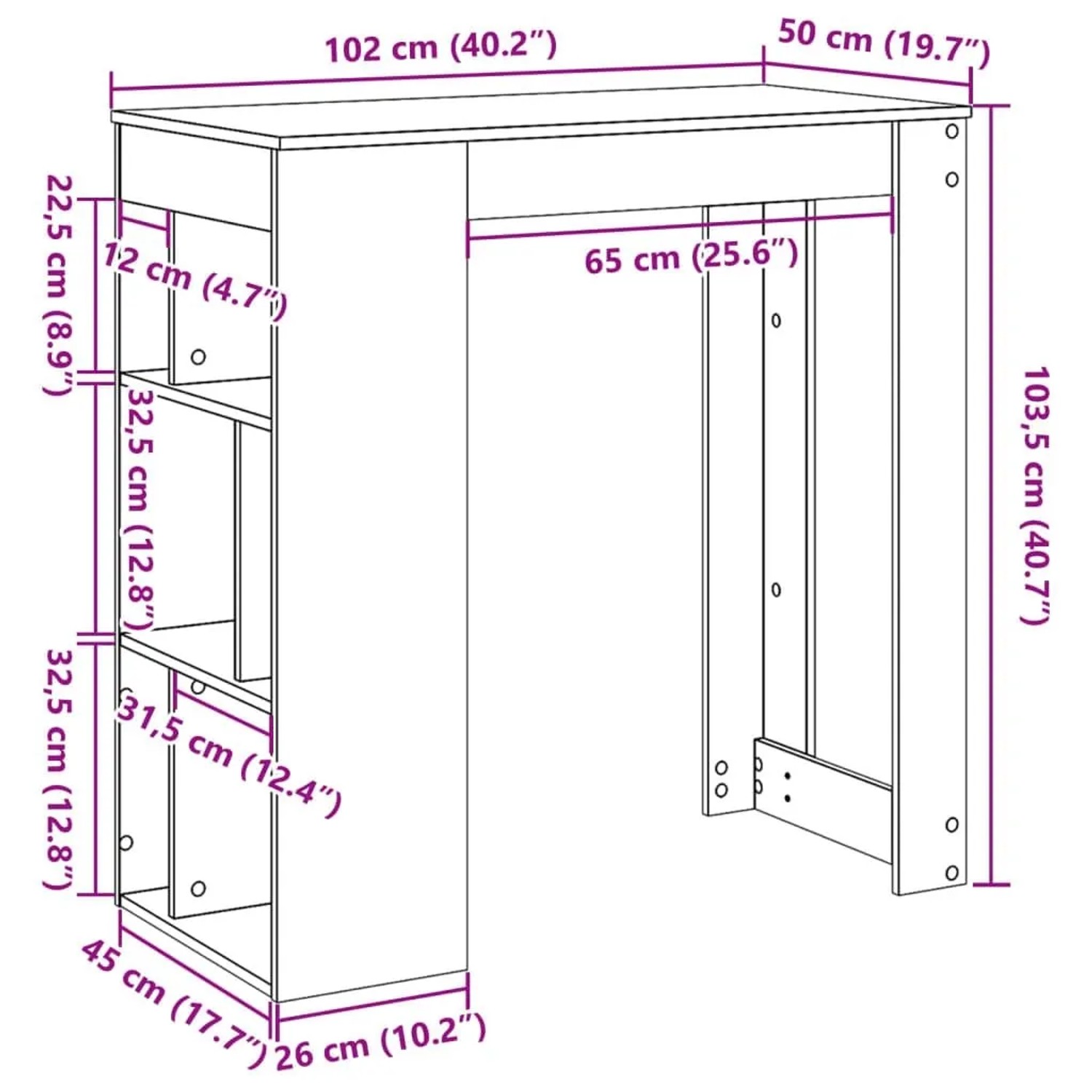 vidaXL Bartisch Räuchereiche mit 6 Fächern, 102x50x103,5 cm. Techn. Zeichnung des Holzwerkstoff-Stehtisches.