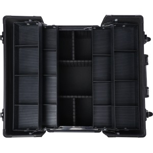 Offener LUX Aluminium Werkzeugkoffer mit vielen Fächern für Werkzeug und Zubehör.