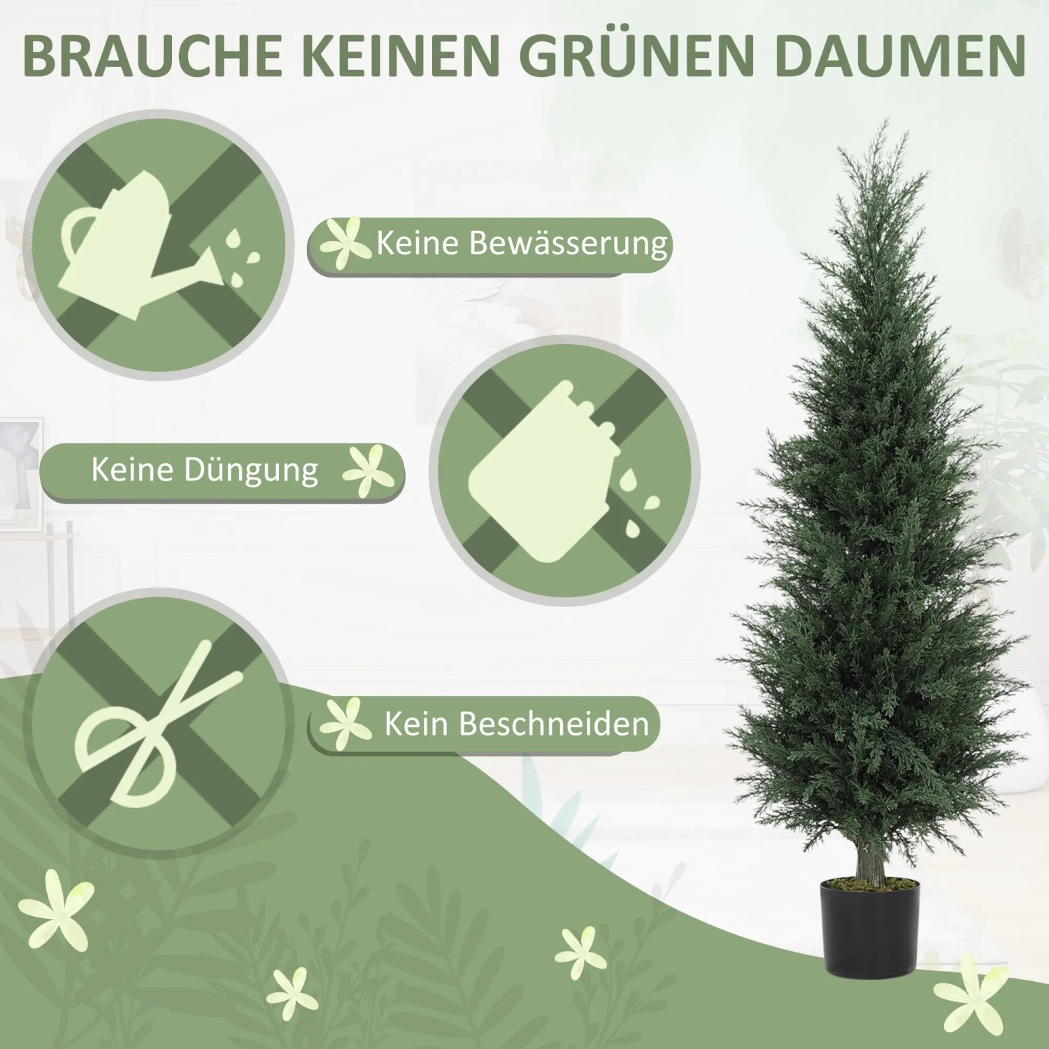 Große, dunkelgrüne künstliche Zypresse, 120 cm, im Topf. UV-beständiger, pflegeleichter Hausbaum.
