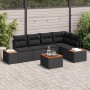 Schwarzes 6-teiliges Garten-Sofa-Set aus Polyrattan mit Kissen und Tisch.