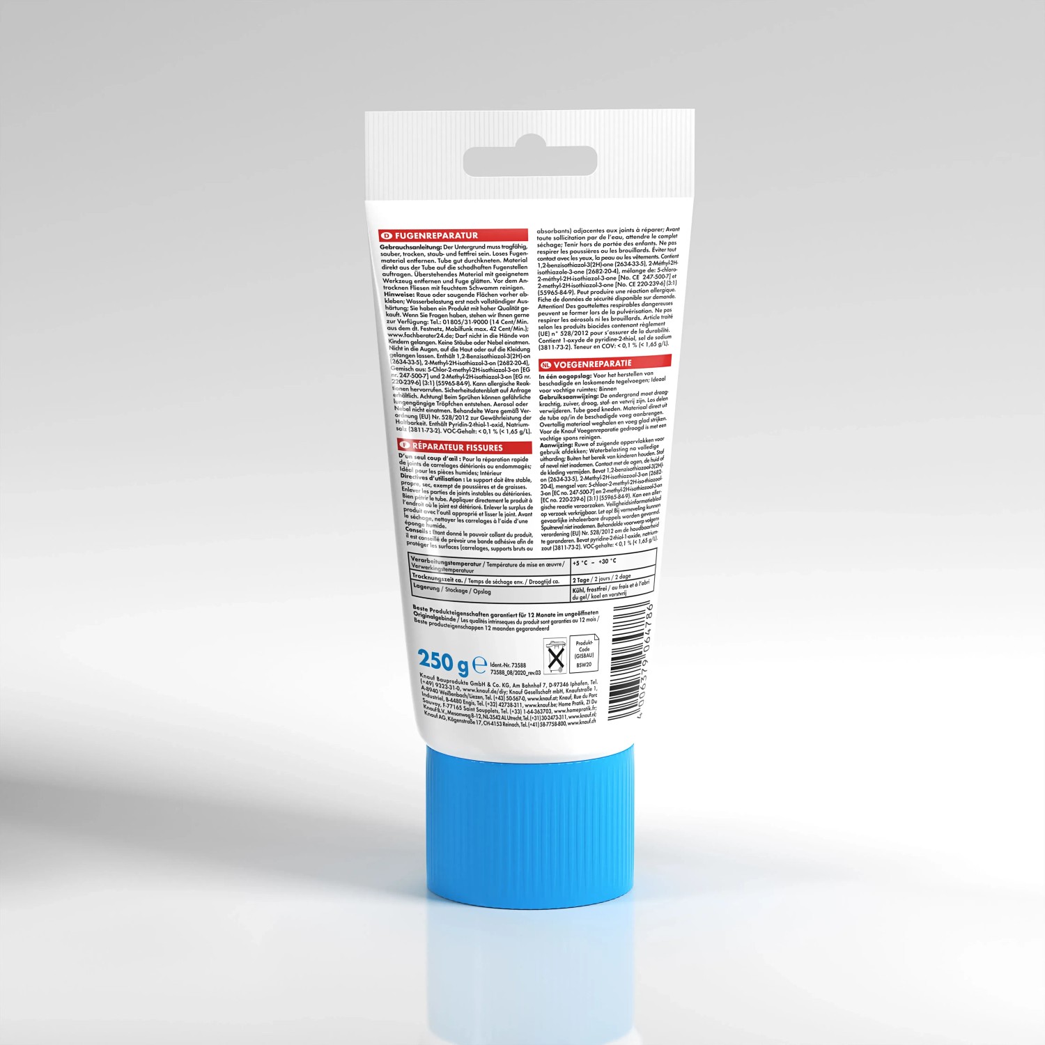 Tube Knauf Fugenreparatur, 250g, weiße Fugenmasse mit blauem Schraubverschluss.