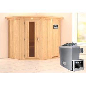 Karibu Sauna Swenna mit Ofen, externer Steuerung und Dachkranz aus naturbelassener Fichte.