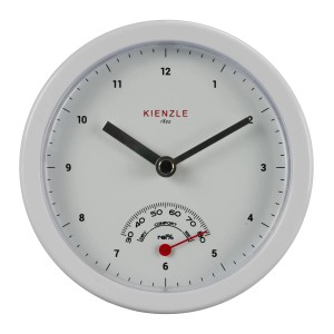Weiße Kienzle Badezimmeruhr (Ø 14cm) mit Hygrometer zur Anzeige der Luftfeuchtigkeit.