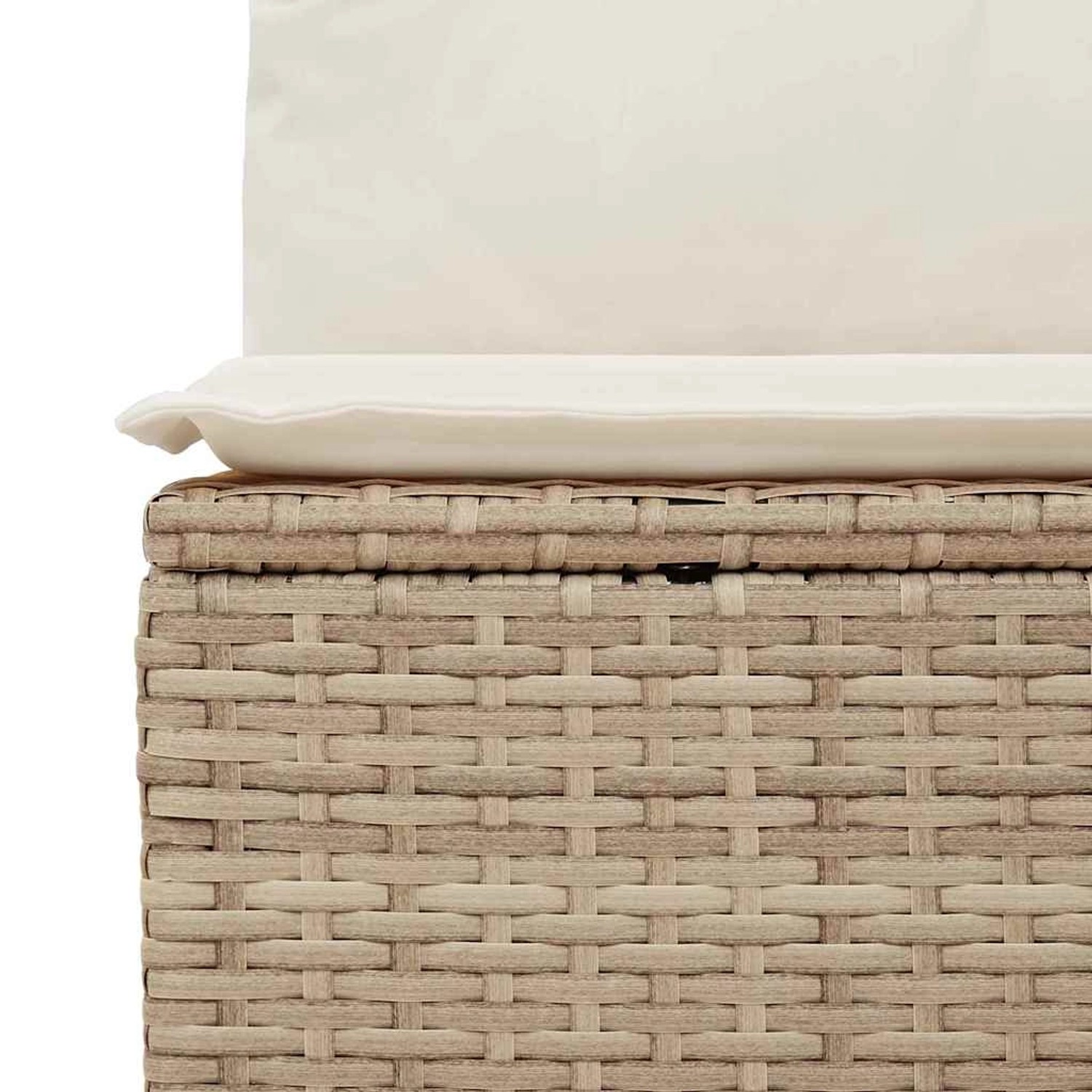 Detailansicht: Beige Poly Rattan Gartenmöbel Sofa mit Kissen aus dem vidaXL 6-teiligen Set.