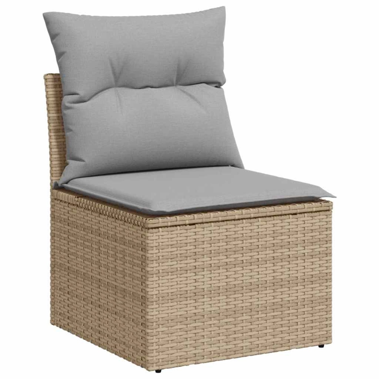 Beiges Gartenmöbel-Set: Modulares Sofa-Element aus Rattan mit grauen Kissen und Stauraum.
