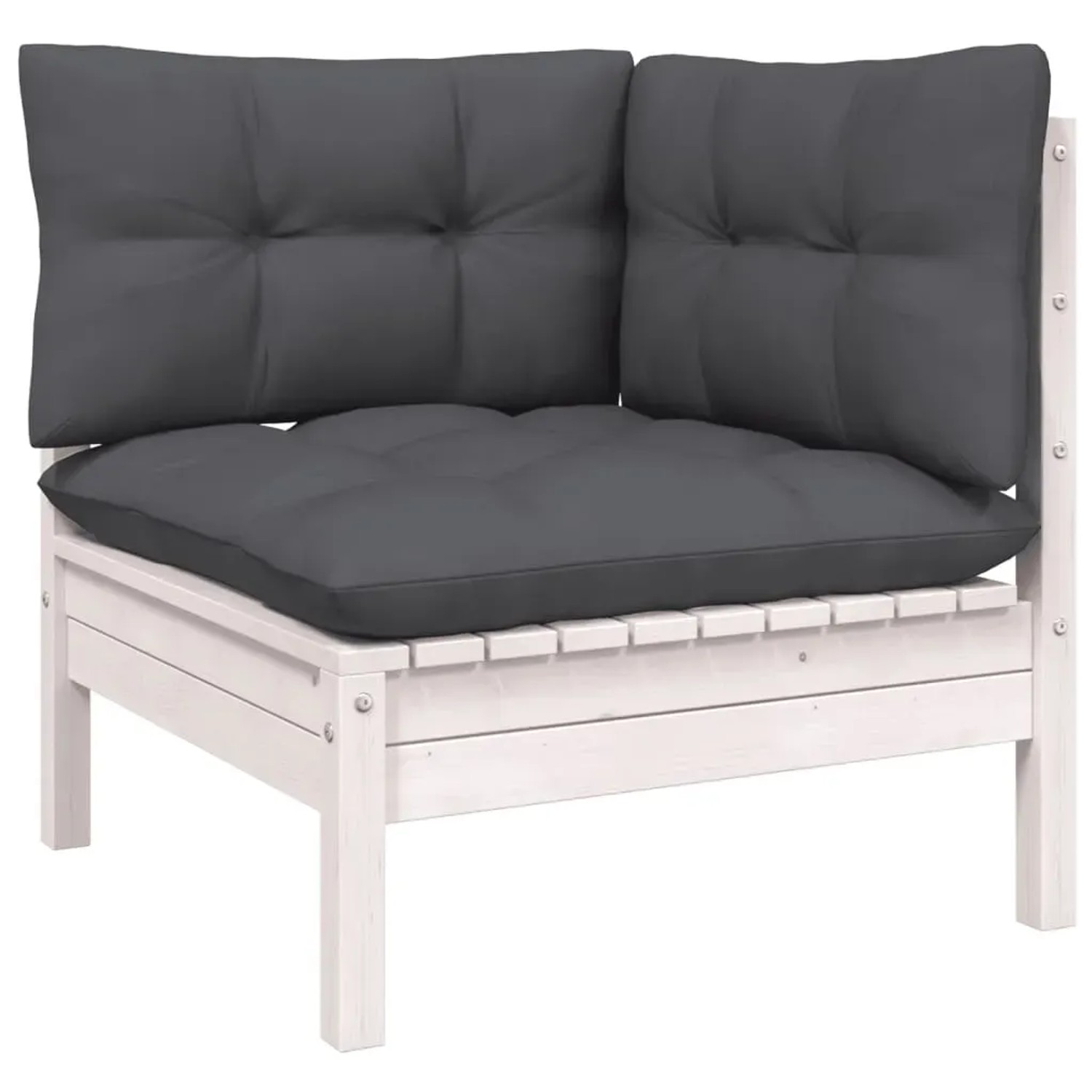Weißes Gartenmöbel-Eckteil aus Kiefernholz mit anthrazitfarbenen Kissen als Teil eines Lounge-Sets.