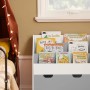 Weißes Kinder Bücherregal mit 3 Ablagen und Spielzeugtruhe im Kinderzimmer.