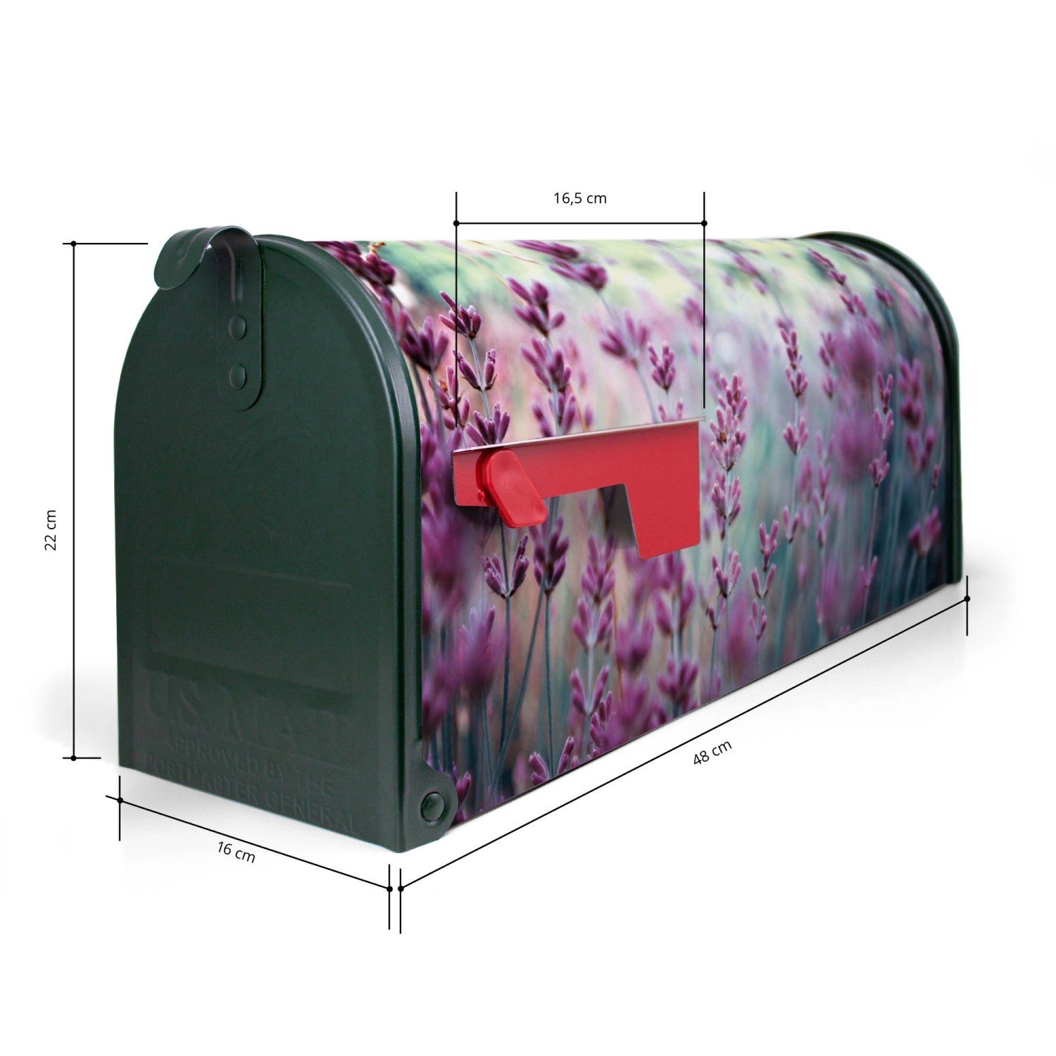 Grüner US Briefkasten mit Lavendel Motiv, 48x22x16cm. Amerikanischer Postkasten für Wand- oder Standmontage.