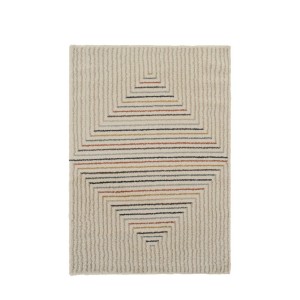 Cremefarbener Hochflor-Teppich mit geometrischem Linienmuster in Braun, Schwarz, Blau. Vercai Rugs Teppich 160x230 cm.