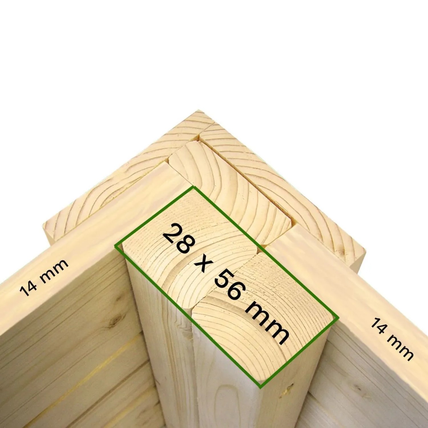 Detailaufnahme Ecke Gartenhaus Amrum: Holzkonstruktion mit Maßangaben 28x56 mm und 14 mm Wandstärke.
