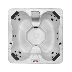 Canadian Spa Whirlpool Cornwall für 5 Personen, Aufsicht. Fester Whirlpool mit Düsen und Bedienelementen.