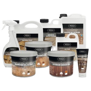 Sortiment von Woca Holzpflegeprodukten: Reiniger, Öle, Lacke und Beizen für Holzoberflächen.