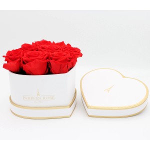 Rosenbox Herz Weiß-Gold mit 8 roten Rosen. Romantischer Blumenstrauß in edler Geschenkbox.