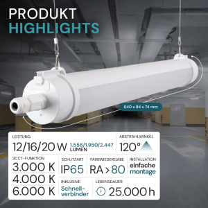 Weiße LUXULA LED Feuchtraumleuchte 12-20W, IP65, 3000-6500K, hängt leuchtend in Tiefgarage. Ideal für Werkstatt.