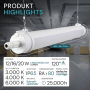Weiße LUXULA LED Feuchtraumleuchte 12-20W, IP65, 3000-6500K, hängt leuchtend in Tiefgarage. Ideal für Werkstatt.