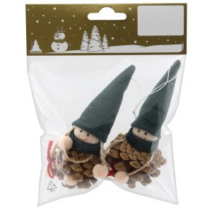 2er Set Deko-Wichtel zum Hängen, grün-braun, aus Polyester und Zapfen, 12 cm, Weihnachtsbaumschmuck.