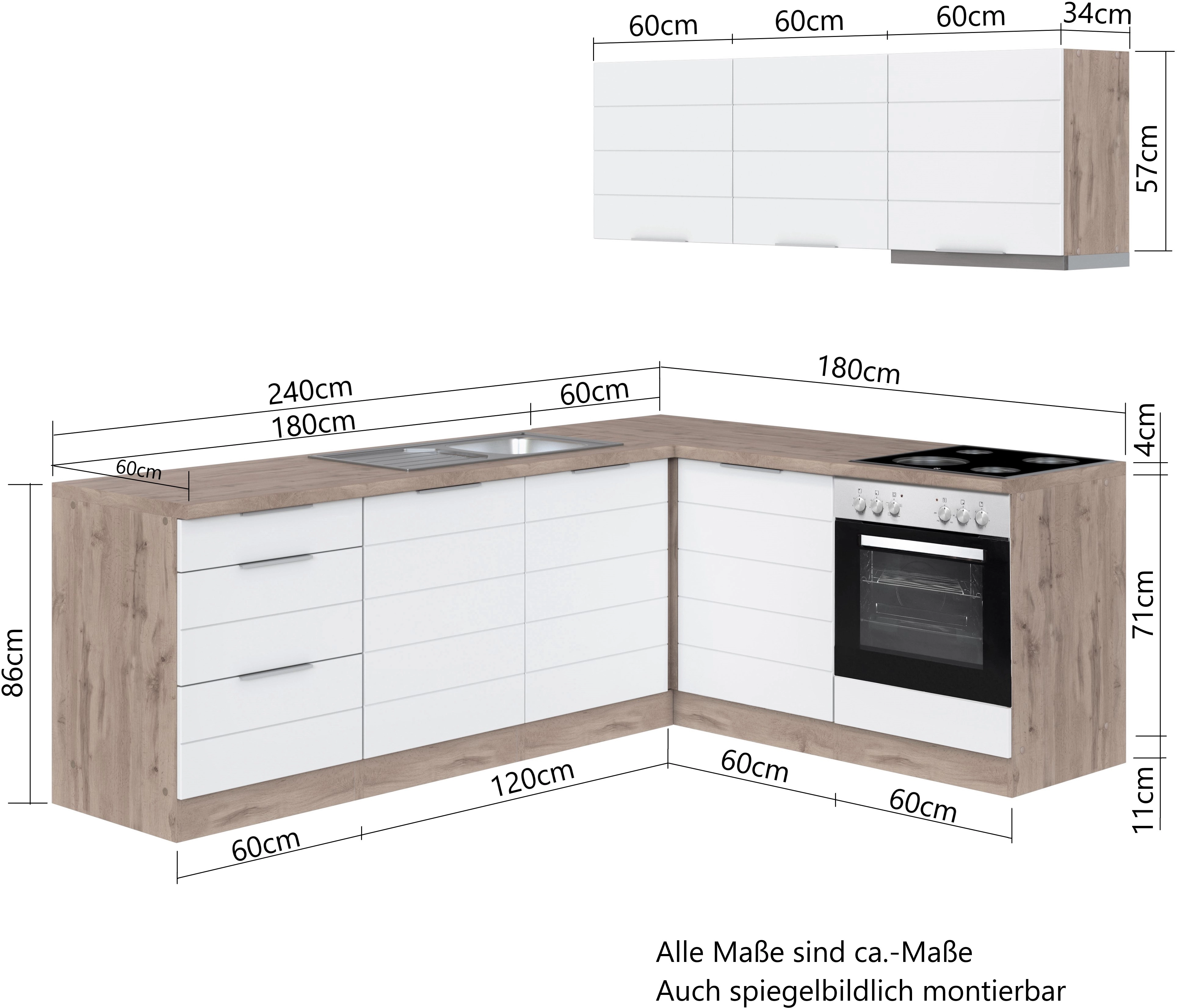 Held Möbel Winkelküche 240 cm bei Matt Weiß-Wotaneiche 180 E-Geräte - kaufen cm ohne OBI