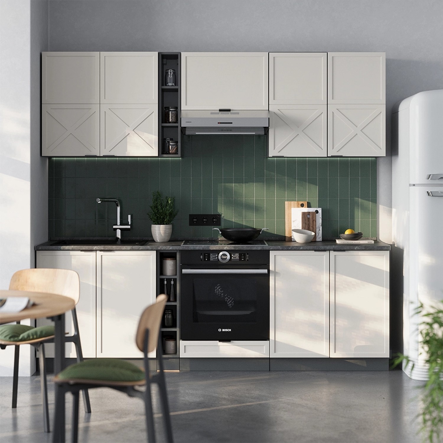 Moderne Vicco Fame-Line Küchenzeile in GrauBeige/Anthrazit mit Elektrogeräten und grüner Wand.